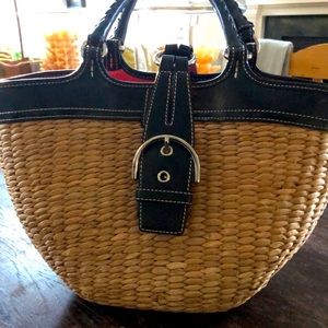 COACH vintage straw handbag . Black leather trim pink interior